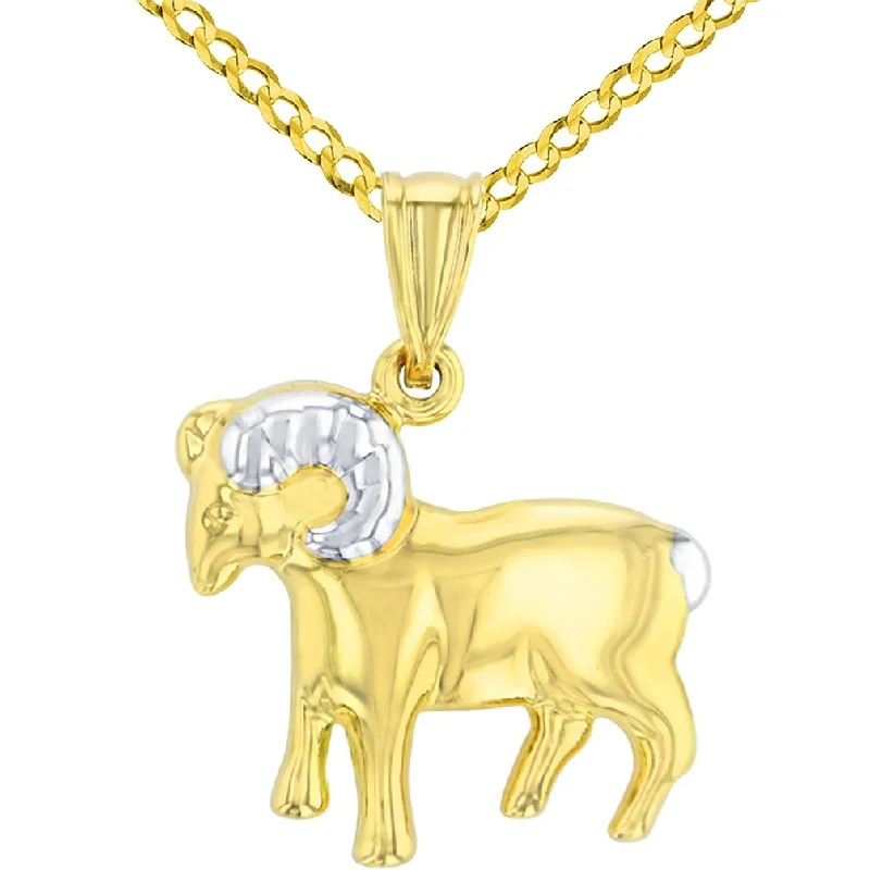 women crystal pendant necklaces -High Polish 14K Yellow Gold Aries Zodiac Sign Pendant Ram Charm Cuban Curb Chain Necklace