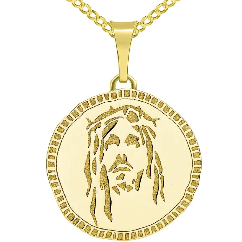 women bridal gold necklaces -14k Gold Hand Engraved Face of Jesus Christ Medallion Pendant with Cuban Chain Necklace - Yellow Gold