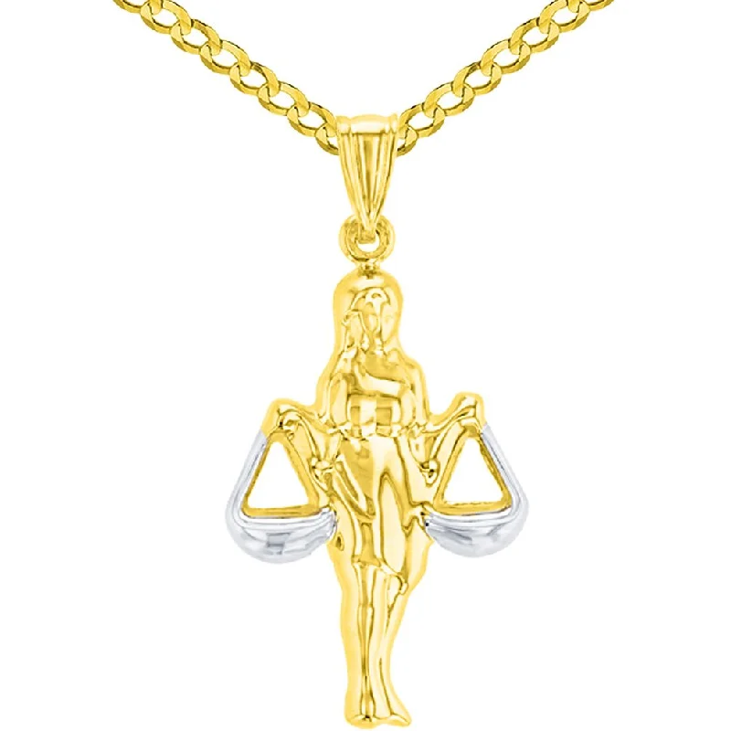 women engraved necklaces -High Polish 14K Yellow Gold Libra Zodiac Sign Charm Holding Scale Pendant Cuban Chain Necklace