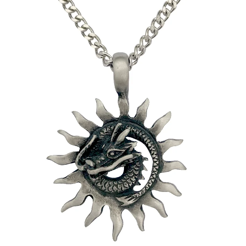 women long pendant necklaces -Pewter Sun Dragon Pendant with Extra Large Bail, on Men's Heavy Curb Chain Necklace, 24"