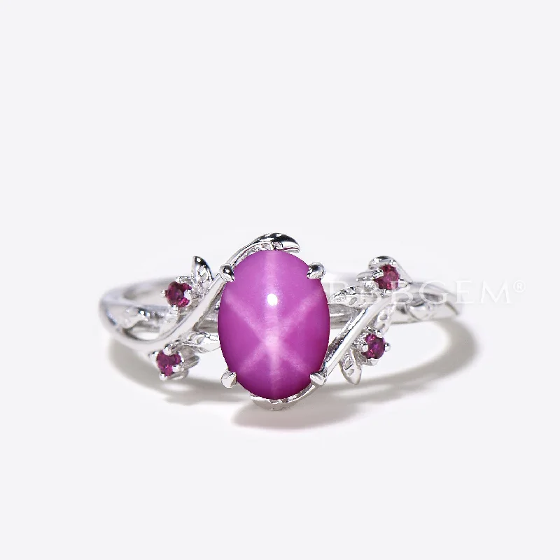 women princess diamond engagement rings -Oval Pink Star Sapphire Engagement Ring Twig Leaf Lindy Pink Star Ring