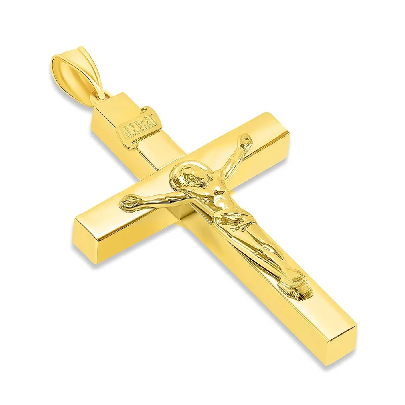 women gemstone necklaces -14k Yellow Gold Gold 4mm Thick INRI Tubular Crucifix Cross Pendant (46 x 25.5mm)