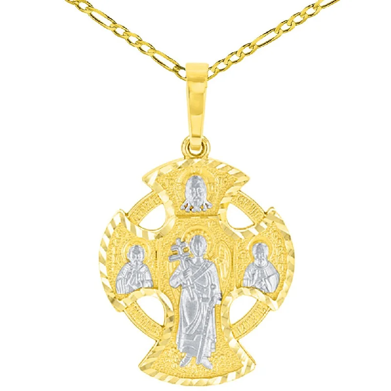 women heart necklaces -Unique Handcrafted Solid 14K Yellow Gold Textured Celtic Cross Charm with Saints Pendant Figaro Chain Necklace