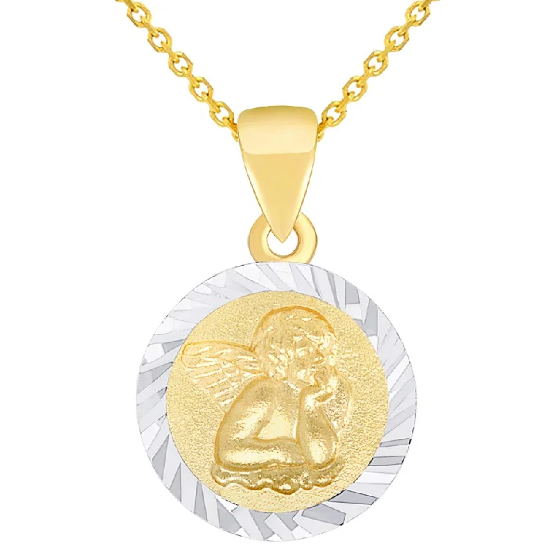 women luxury diamond necklaces -Solid 14K Yellow Gold Round Guardian Angel Textured Medallion Charm Pendant Necklace Available with Rolo, Curb, or Figaro Chain