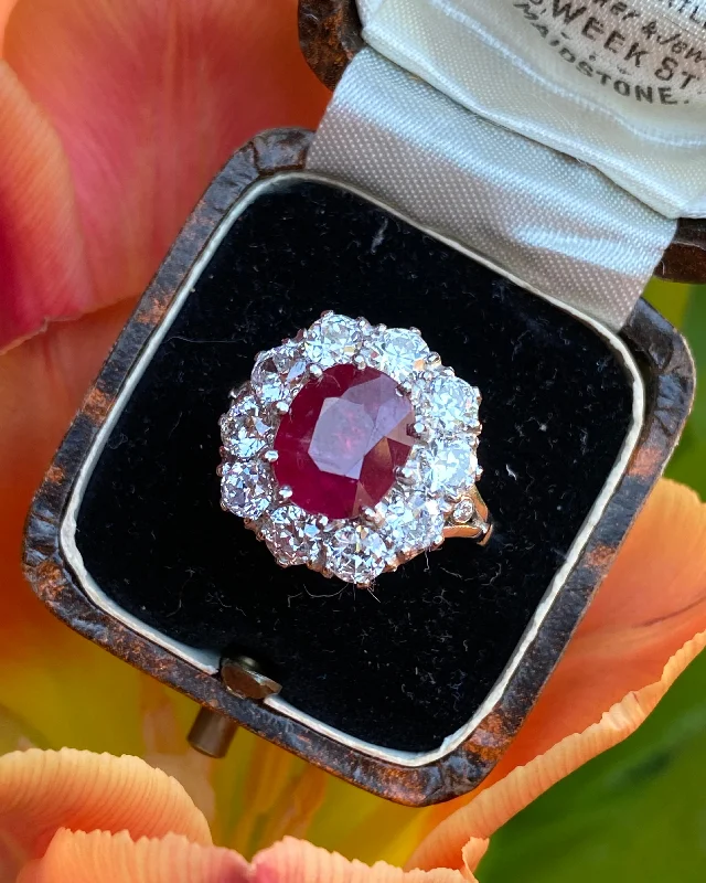 women gold rings -Victorian Ruby and Diamond Cluster Platinum Ring 2.10ct + 4.10ct