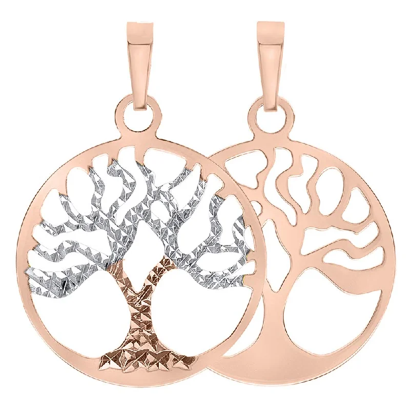 women delicate necklaces -Solid 14 Karat Rose Gold Textured Reversible Round Tree of Life Charm Pendant