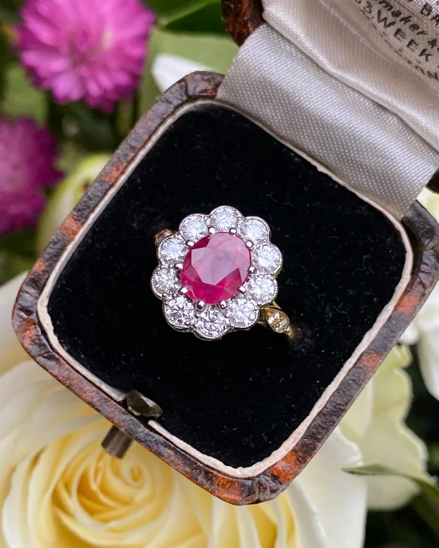 women unique wedding bands -Victorian Ruby and Diamond Cluster Ring 18ct Yellow Gold 0.95ct + 1.90ct