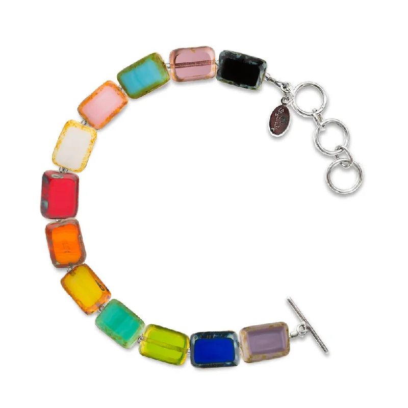 women pearl bracelets -Pride Progress Rainbow Bracelet, Glass Tile Rectangle 1-Strand Bracelet, Trilogy