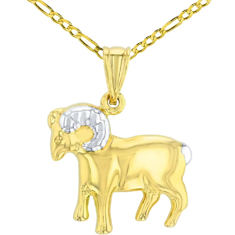 women personalized necklaces -High Polish 14K Gold Aries Zodiac Sign Pendant Ram Charm Figaro Chain Necklace - Yellow Gold