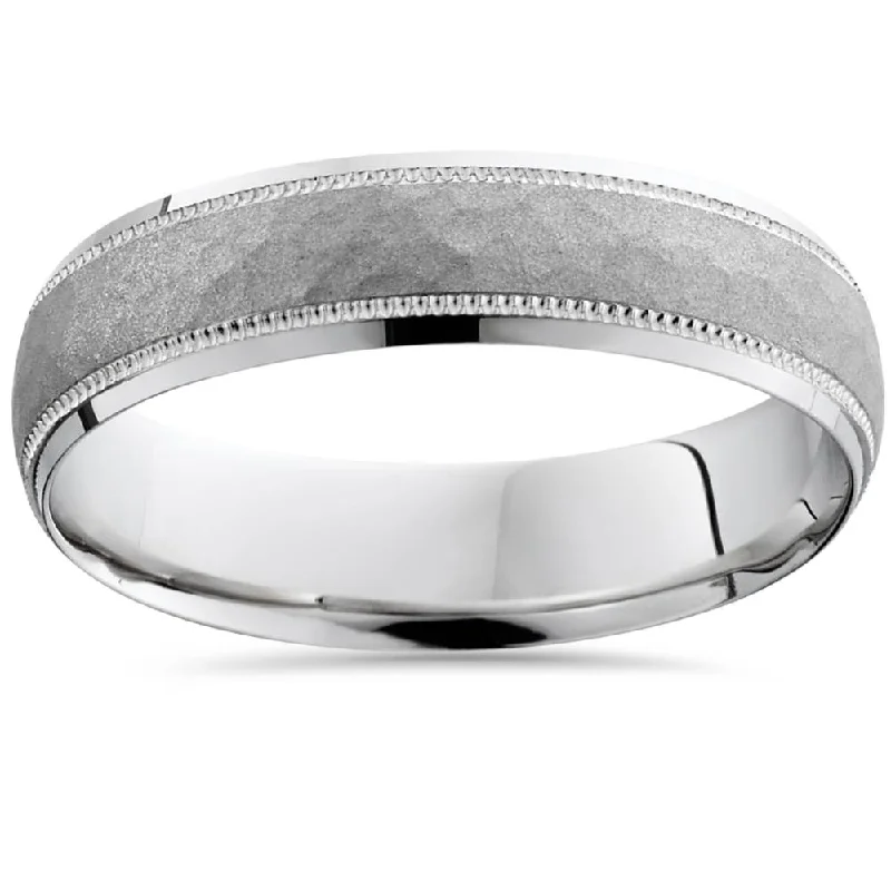 women custom wedding rings -14K White Gold Mens Hammered Textured 5mm Wedding Ring Size Selectable