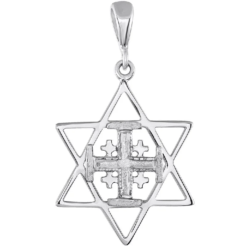 women boho necklaces -Solid 14K Gold Star of David and Jerusalem Cross Pendant - White Gold