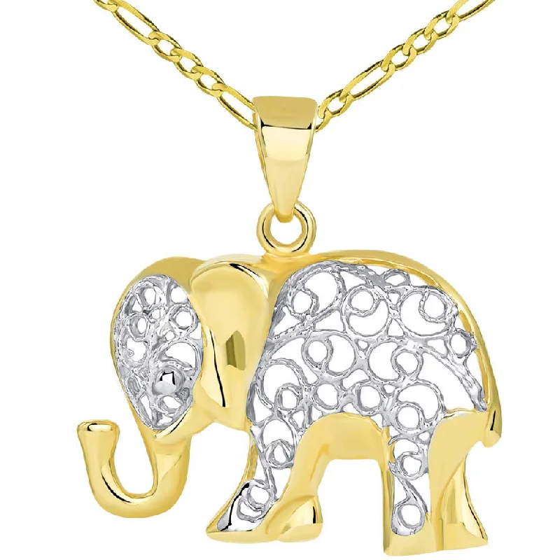 women engagement necklaces -14k Gold Elegant Filigree Two Tone Elephant Pendant with Figaro Chain Necklace - Yellow Gold