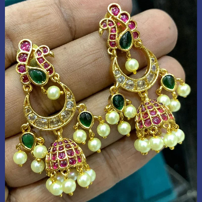 women custom engraved earrings -Sona Creation Gold Plated Pota Stone And Pearls Jhumki Earrings