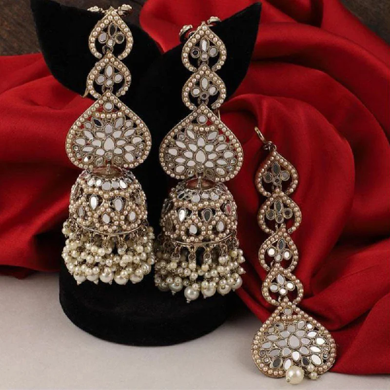 women vintage-style earrings -Akruti Collection Gold Plated Mirror And Pearls Earrings With Maangtikka