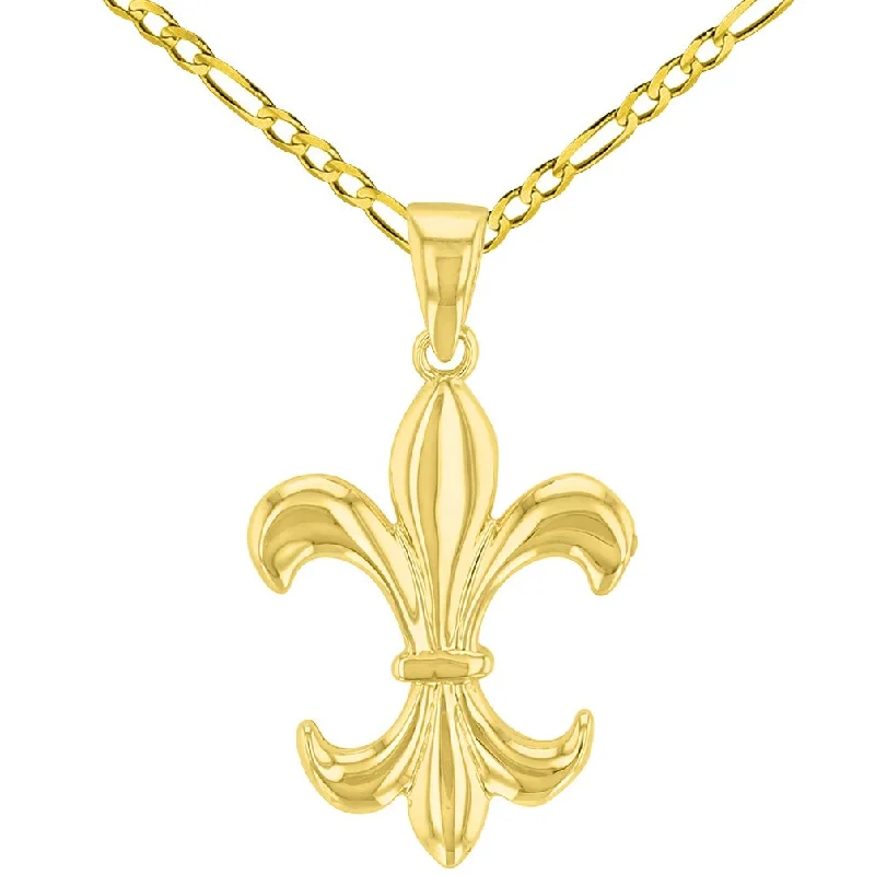 women bridal gold necklaces -14K Solid Yellow Gold Simple Fleur de Lis Charm Pendant with Figaro Necklace