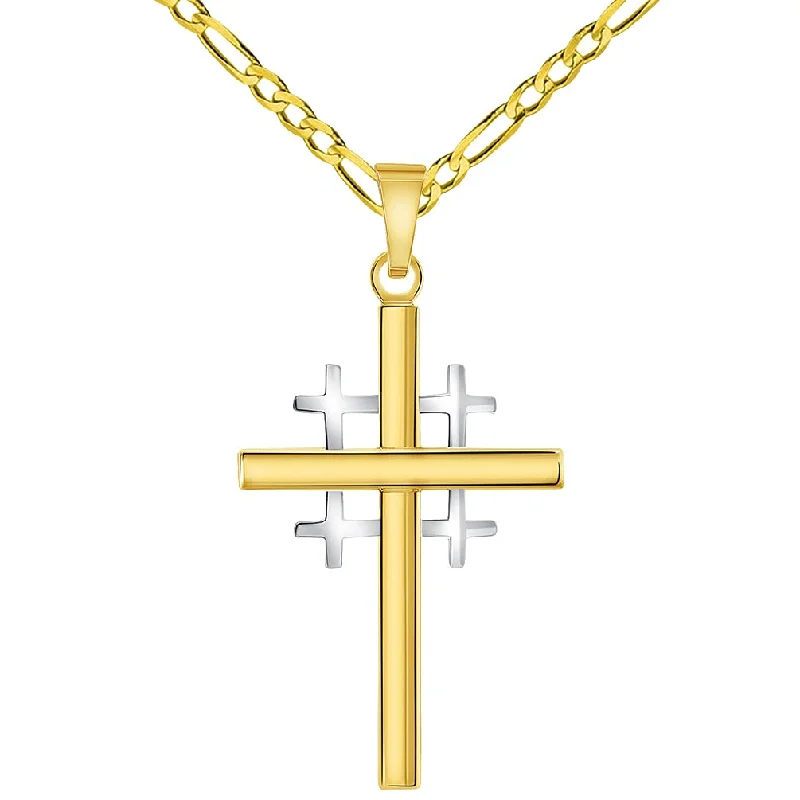 women star-shaped necklaces -14k Two-Tone Gold Religious Crusaders Jerusalem Latin Plain Cross Pendant with Figaro Chain Necklace