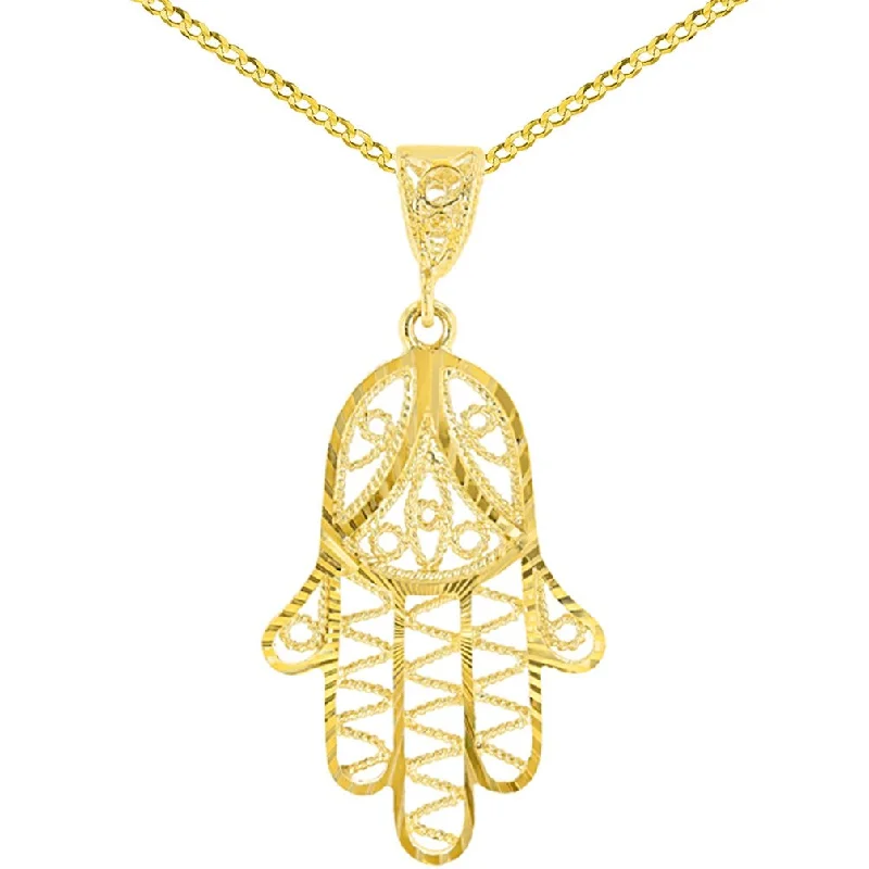 women butterfly necklaces -Solid 14K Gold Filigree Hamsa Charm Textured Hand of God Pendant Cuban Chain Necklace - Yellow Gold