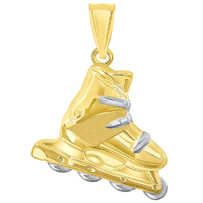 women round pendant necklaces -High Polish 14k Yellow Gold 3D Roller Skate Two-Tone Inline Roller Blade Pendant