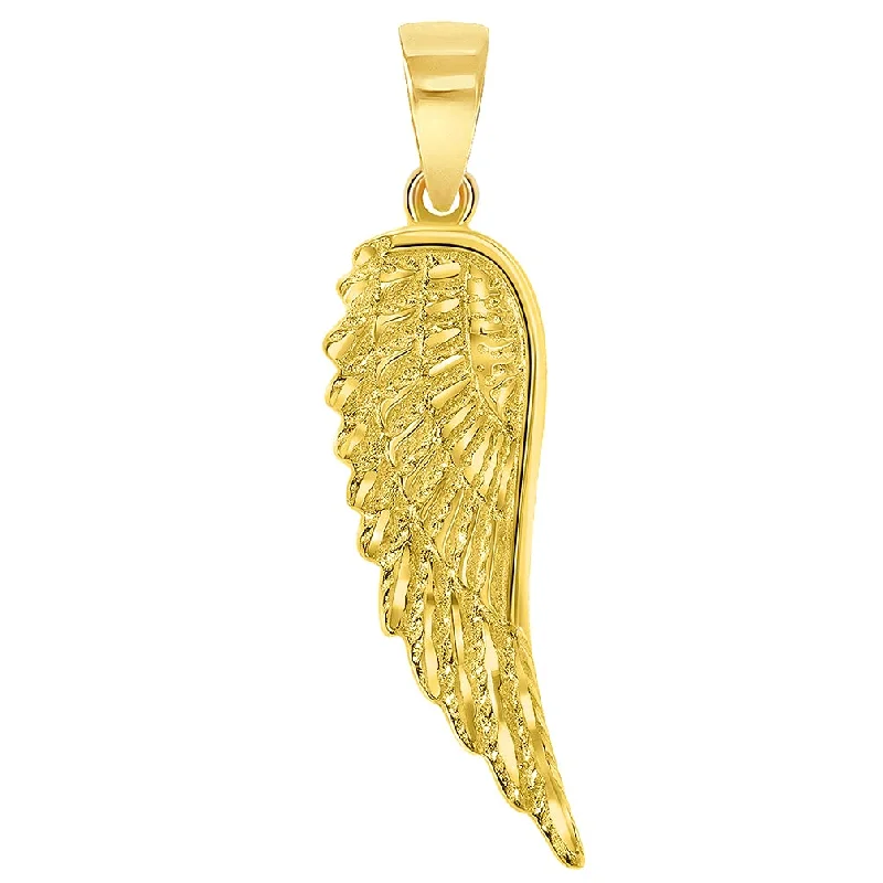 women gold plated necklaces -Solid 14k Gold Textured Angel Wing Charm Pendant - Yellow Gold