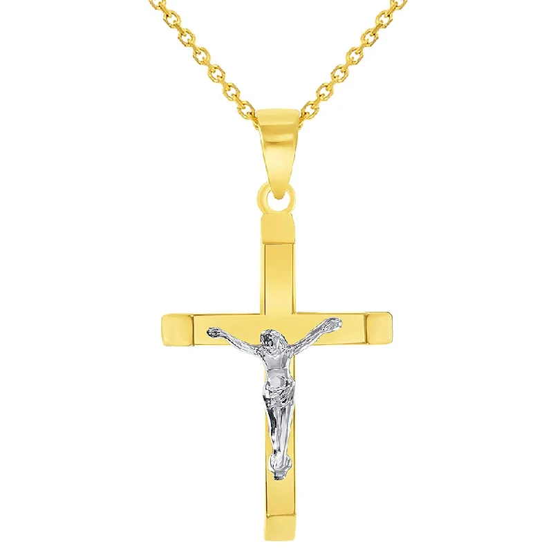 women vintage charm necklaces -14k Two-Tone Gold 3D Catholic Christian Crucifix Slanted-Edge Cross Pendant Necklace