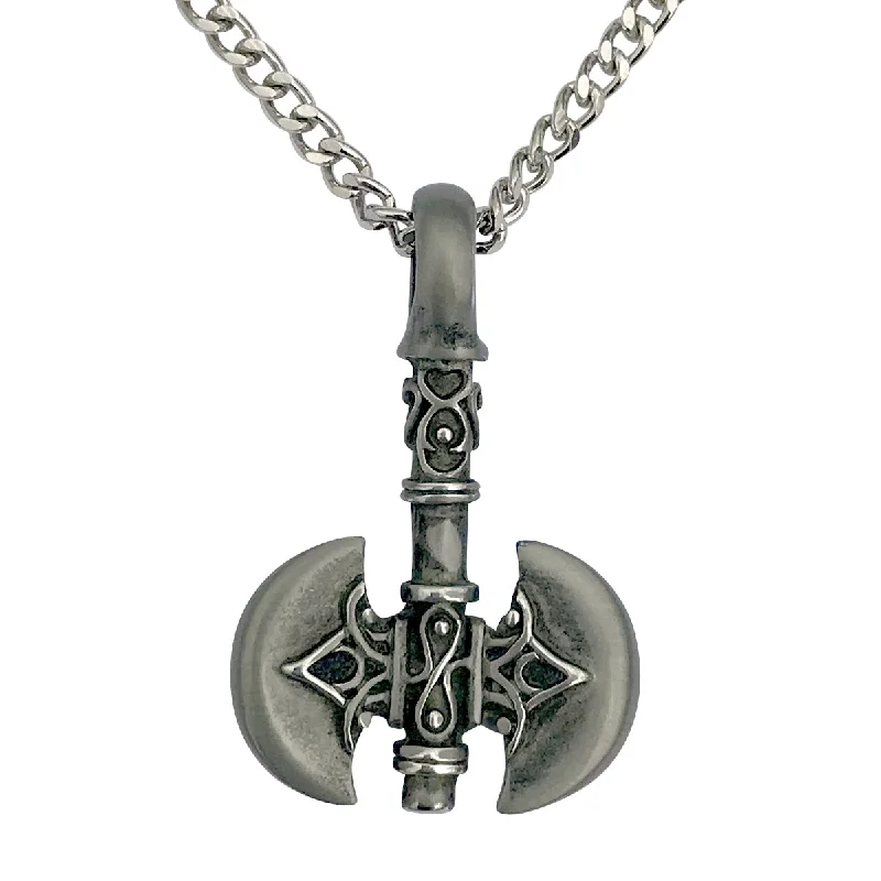 women choker necklaces -Pewter Double Sided Axe Pendant with Extra Large Bail, on Men's Heavy Curb Chain Necklace, 24"