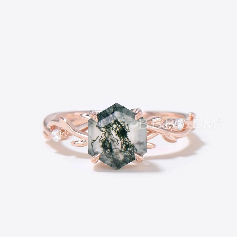 women affordable engagement rings -Twig Vine Natural Moss Agate Ring Hexagon Cut Green Moss Ring