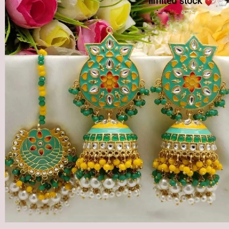 women heart-shaped earrings -Akruti Collection Gold Plated Kundan Stone And Pearls Meenakari Earrings With Maangtikka