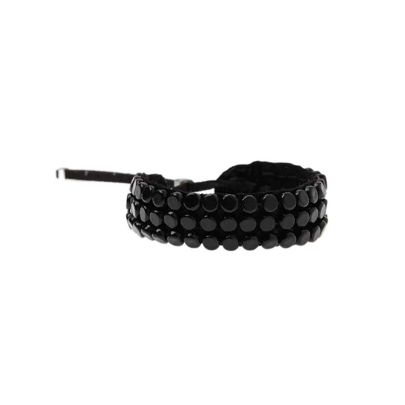 women anniversary bracelets -Adjustable Round Beaded Leather Bracelet - BLACK