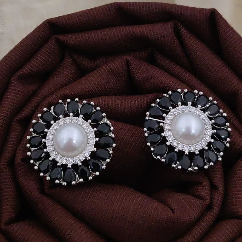 women engraved earrings -Akruti Collection  Silver Plated AD And Pearl  Stud  Earrings