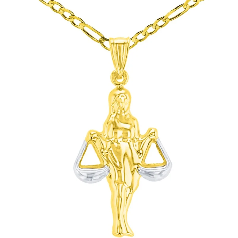 women rose gold necklaces -High Polished 14K Yellow Gold Libra Zodiac Sign Charm Holding Scale Pendant Unique Figaro Chain Necklace