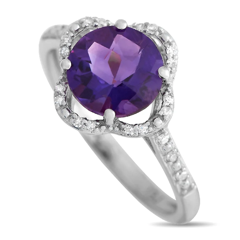 women diamond engagement rings -LB Exclusive 14K White Gold 0.10ct Diamond and Amethyst Quatrefoil Ring RC4-11976WAM