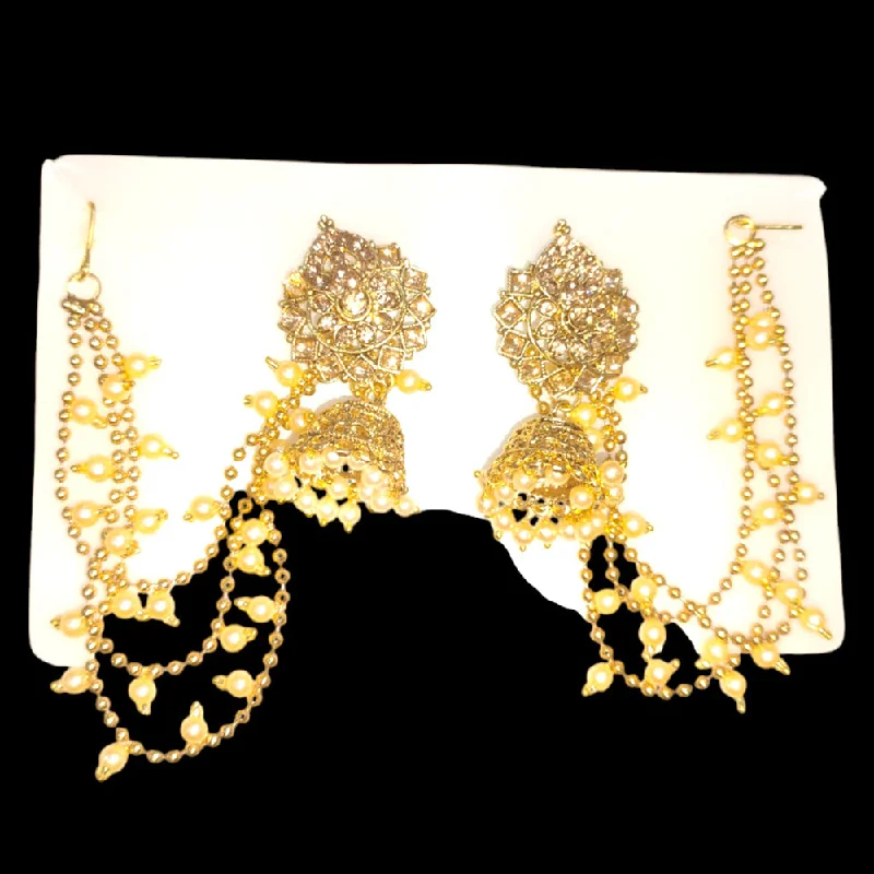 women rhinestone earrings -Abhinandan Gold Plated Crystal Stone Jhumki With Kan Chain