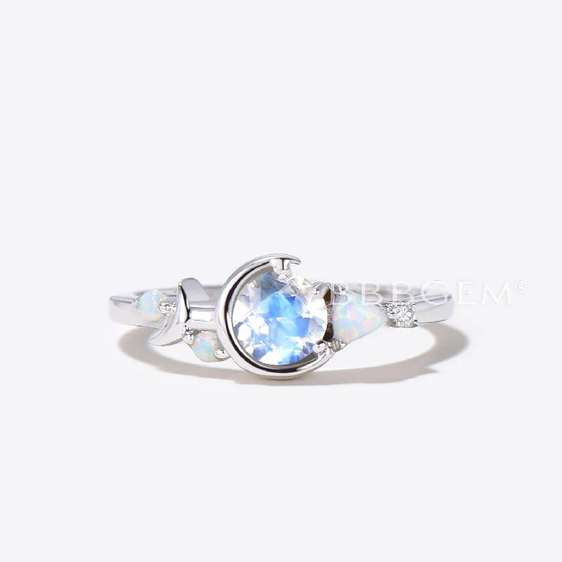 women vintage engagement rings -Moon Star Round Natural Moonstone Engagement Ring Opal Wedding Ring