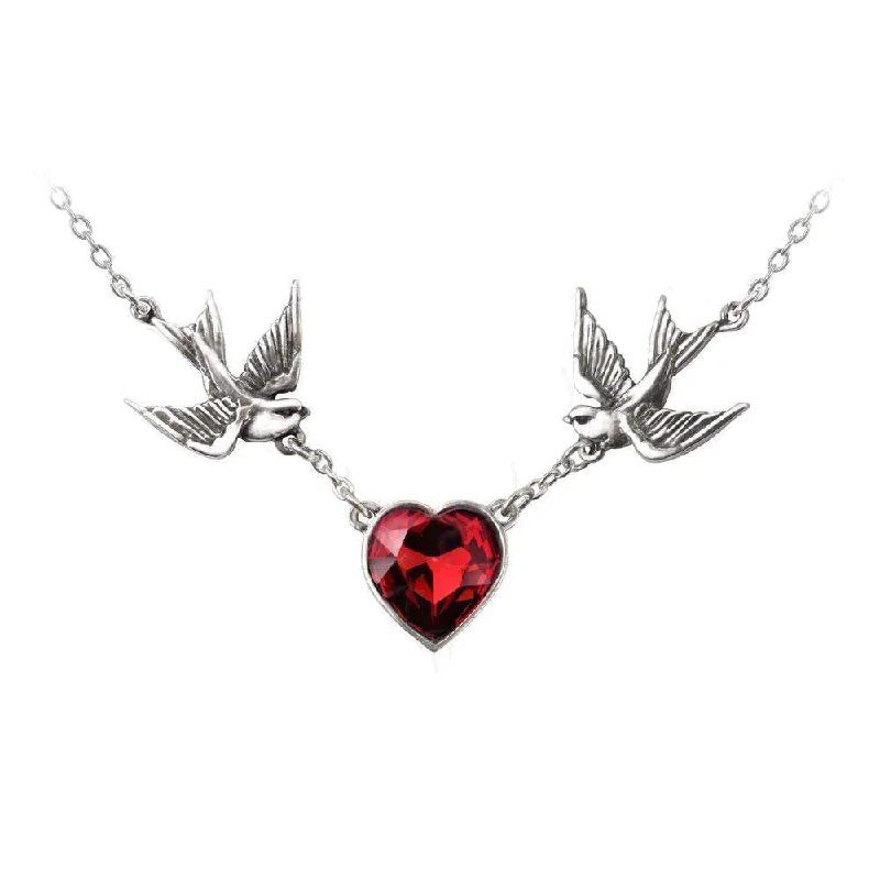 women lock necklaces -Tattoo-Style "Swallow Heart" Red Crystal Heart Necklace by Alchemy Gothic