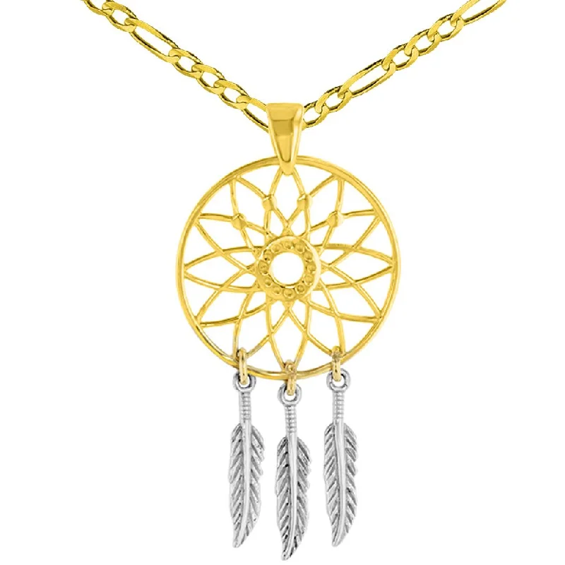 women stylish necklaces -14K Gold Native American Dreamcatcher Charm Pendant with Figaro Necklace - Two-Tone Gold