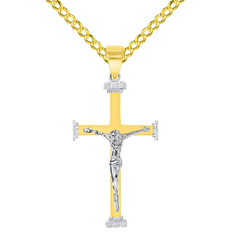 women antique necklaces -14k Solid Two-Tone Gold 3D Religious Crucifix Cross Pendant with Cuban Chain Curb Necklace