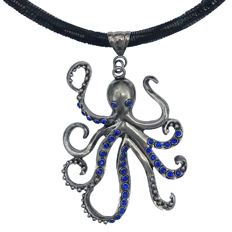 women gemstone necklaces -Large Pewter Octopus Pendant Choker Necklace with Blue CZ and Rhinestones on Thick Leather Cord