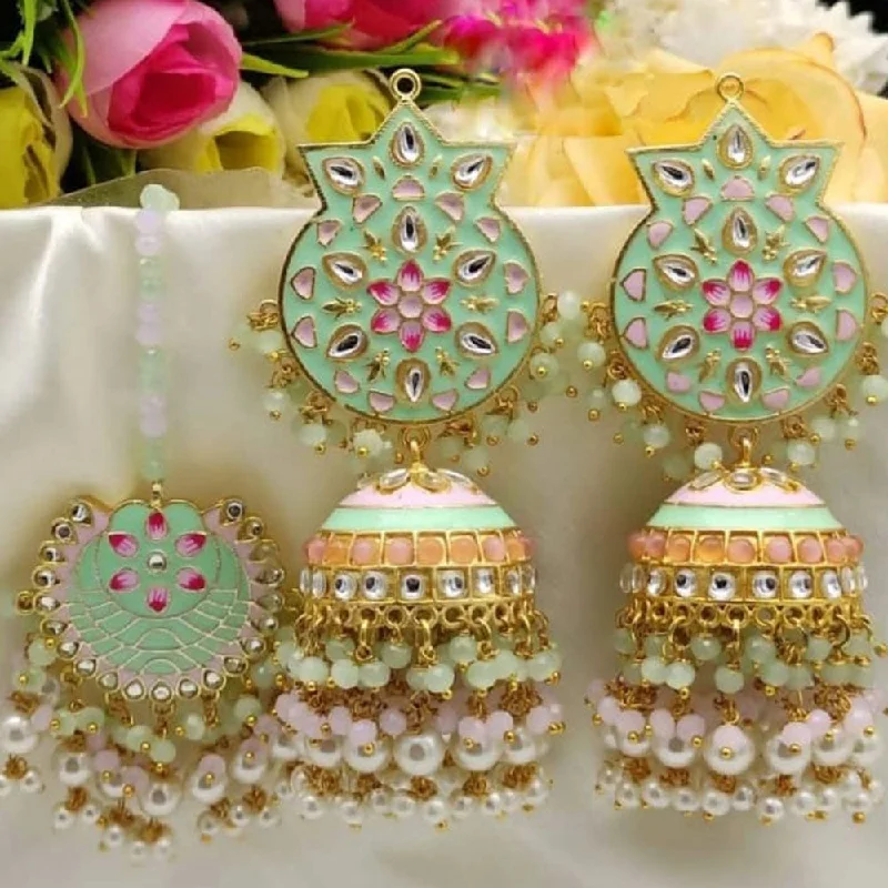 women drop earrings -Akruti Collection Gold Plated Kundan Stone And Pearls Meenakari Earrings With Maangtikka