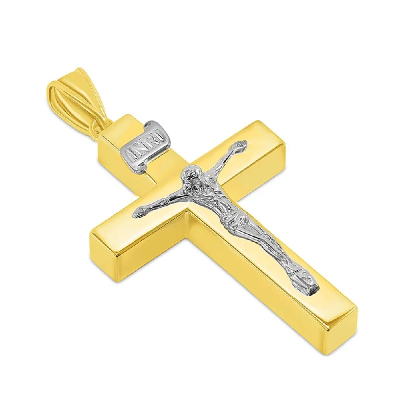 women trendy necklaces -14k Two-Tone Gold 4mm Thick INRI Tubular Crucifix Roman Catholic Cross Pendant Necklace