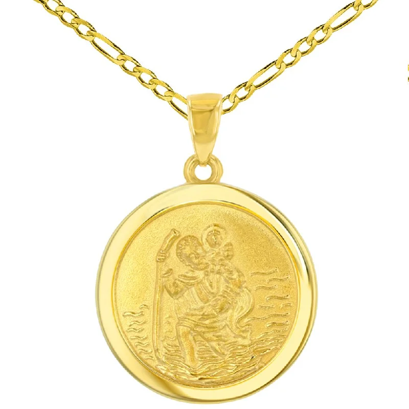 women gemstone necklaces -14k Gold Round Saint Christopher Medal Pendant Figaro Chain Necklace - Yellow Gold