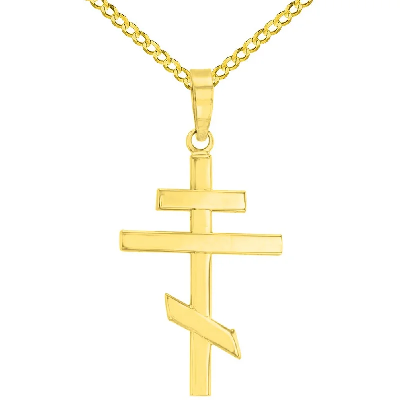 women crystal necklaces -14K Gold Plain Russian Orthodox Cross Pendant Necklace with Cuban Chain Necklace - Yellow Gold