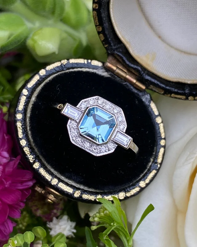 women classic rings -Art Deco Aquamarine and Diamond Platinum Ring 0.25ct + 0.55ct