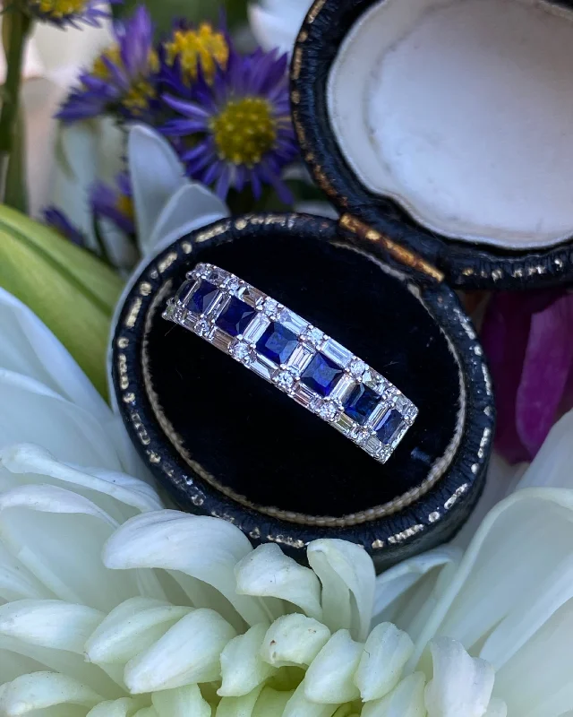 women modern rings -Contemporary Style Sapphire and Diamond Half Eternity Ring 0.58ct + 0.90ct 18ct White Gold