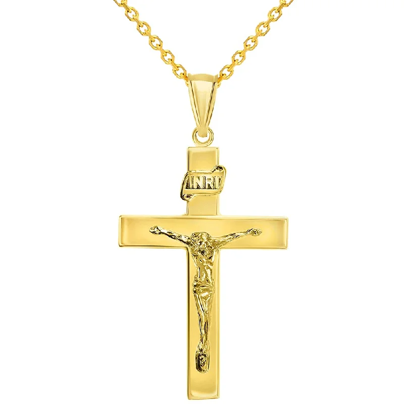 women infinity pendant necklaces -14k Yellow Gold 4mm Thick INRI Tubular Crucifix Roman Catholic Cross Pendant Necklace