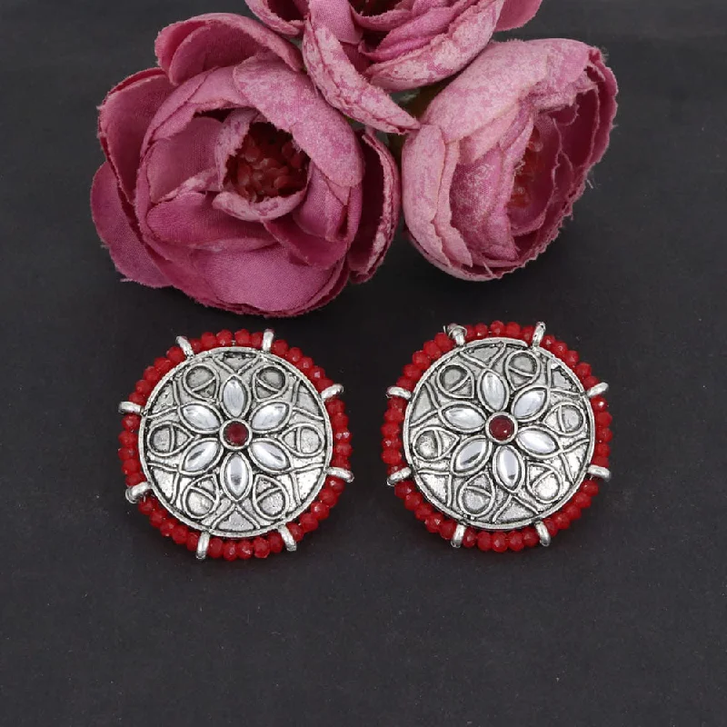 women delicate earrings -Corbeda Fashion Oxidised Plated Pota Stone Stud Earrings (Assorted Colors)