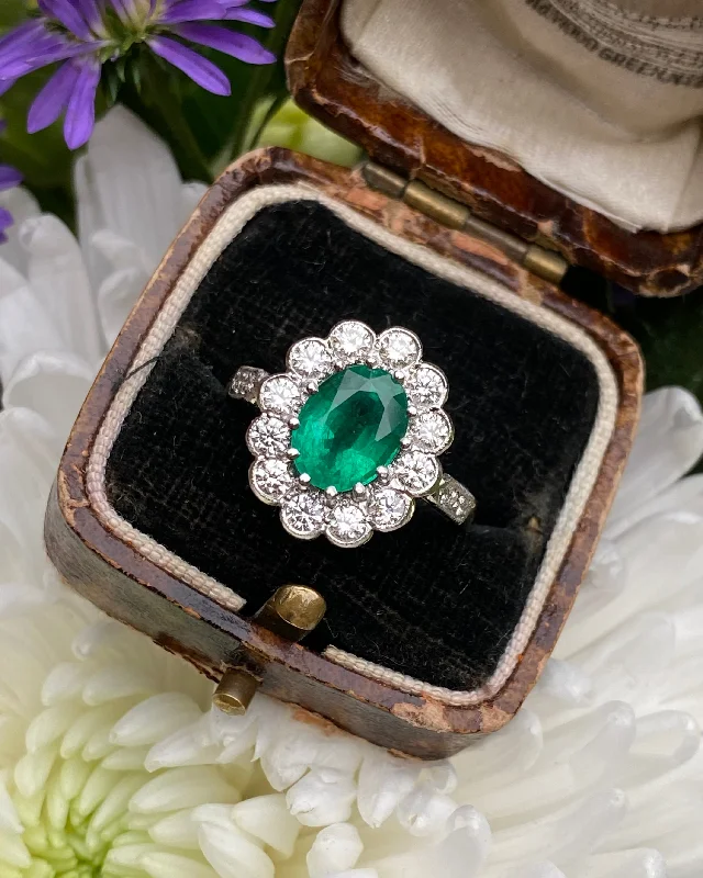 women birthstone engagement rings -Victorian Style Emerald and Diamond Cluster Ring 18ct Yellow Gold 0.90ct + 2.02ct