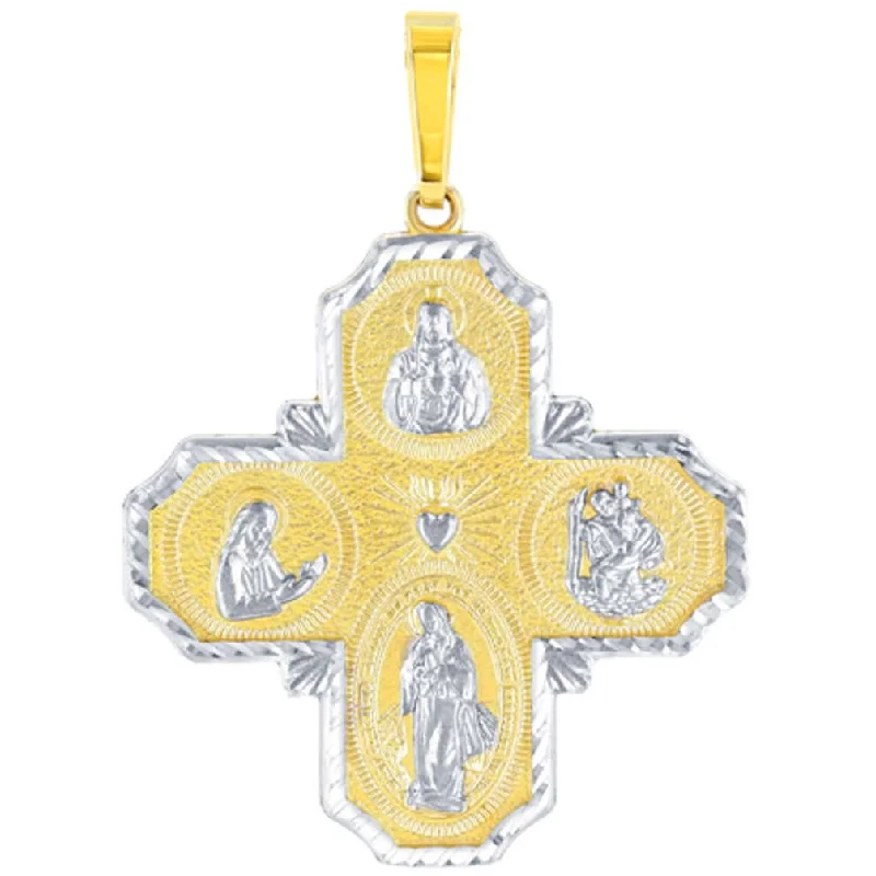 women flower pendant necklaces -14K Gold Four Way Cross Charm I Am Catholic Please Call A Priest Pendant with Texture - Yellow Gold