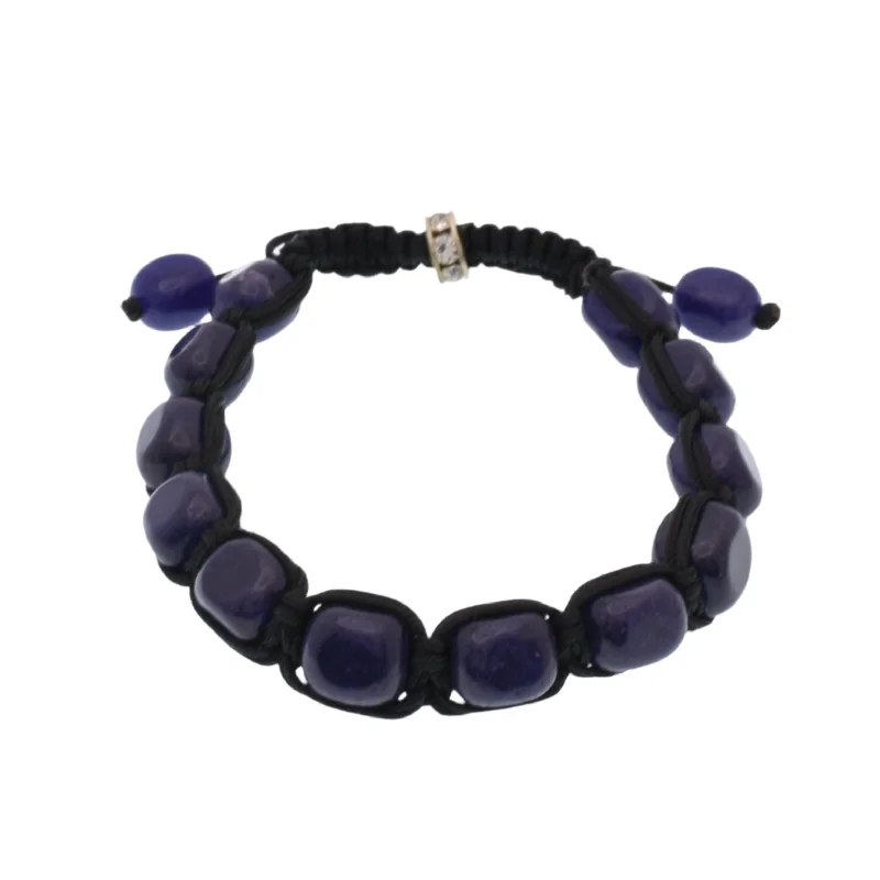 women trendy bracelets -Stainless Steel Lapis Bead & CZ  Accent Ring Cord Bracelet - SBB00067