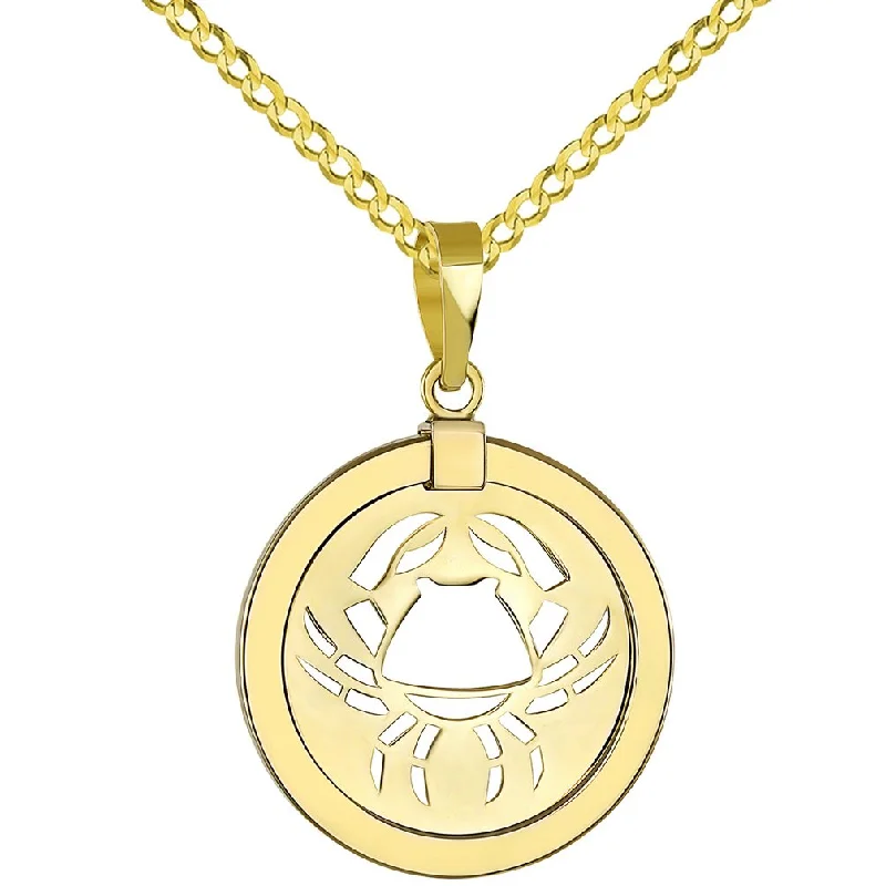 women rope necklaces -14K Yellow Gold Reversible Round Cancer Crab Zodiac Sign Pendant with Cuban Chain Necklace