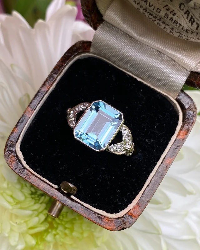 women fashion rings -Victorian Aquamarine and Diamond Platinum Ring 0.15ct + 3.0ct